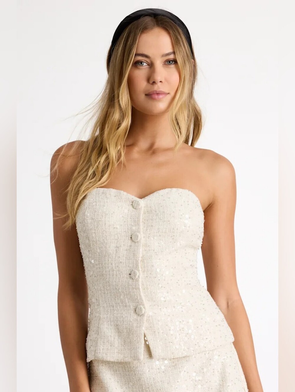 Lulu's Cream Strapless Tweed Sequin Button Corset Top - Picture 5 of 6